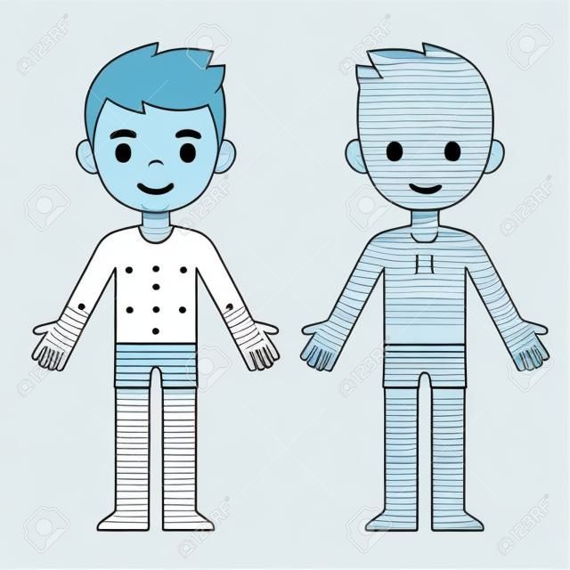 Cartoon boy in underwear, front and back, body part anatomy template.