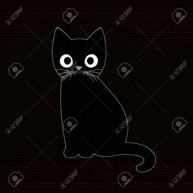 Cartoon black cat drawing. Simple and cute kitten silhouette, Halloween vector illustration.