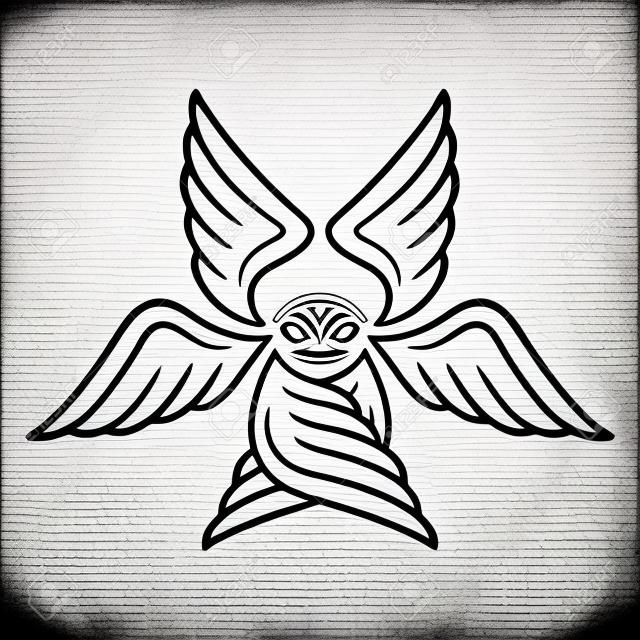 Seraphim, six-winged angel from Bible Book of Revelation. Stylized Seraph illustration for tattoo design, black and white line art.