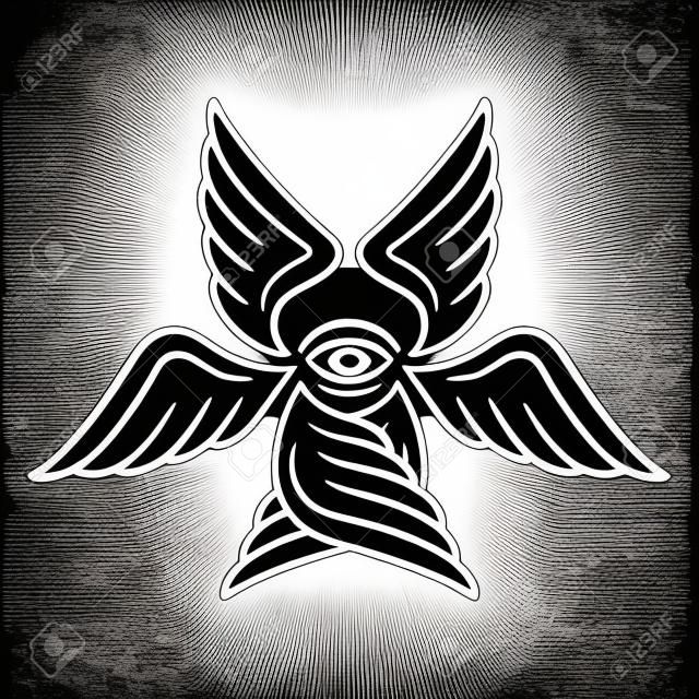 Serafino, angelo a sei ali dal libro biblico dell'Apocalisse. Illustrazione stilizzata di Seraph per il disegno del tatuaggio, linea arte in bianco e nero.