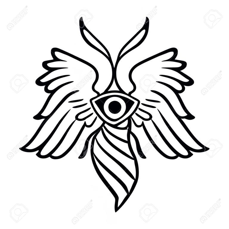 Seraphim, six-winged angel from Bible Book of Revelation. Stylized Seraph illustration for tattoo design, black and white line art.