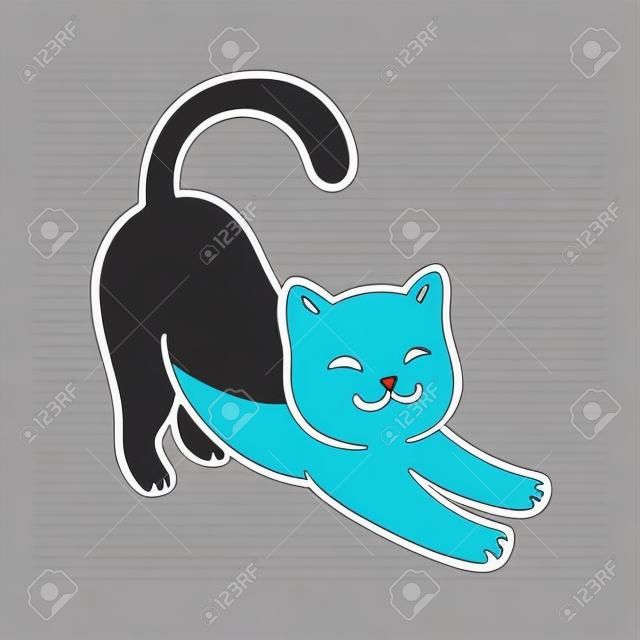 Cartoon cat stretching. Cute simple white cat drawing, vector line art illustration.