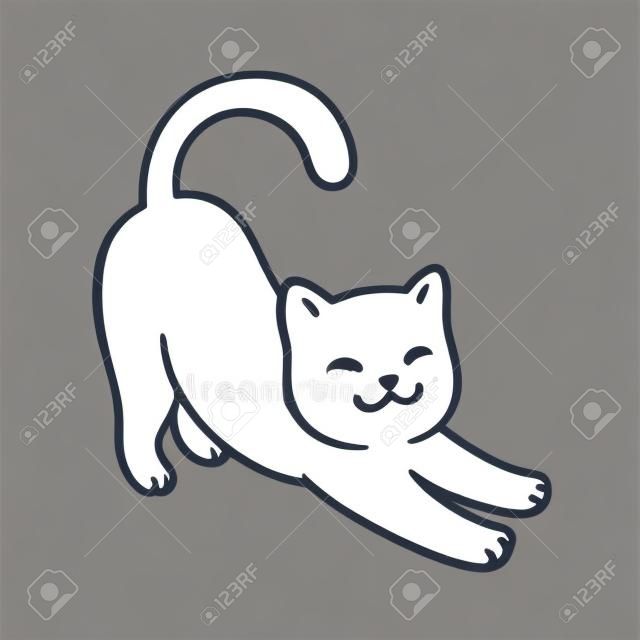 Cartoon cat stretching. Cute simple white cat drawing, vector line art illustration.