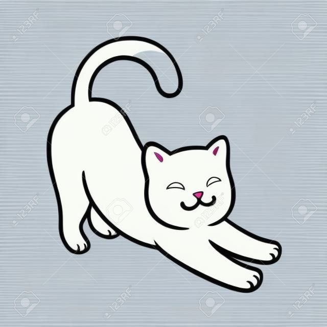 Cartoon cat stretching. Cute simple white cat drawing, vector line art illustration.
