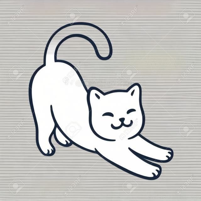 Cartoon cat stretching. Cute simple white cat drawing, vector line art illustration.