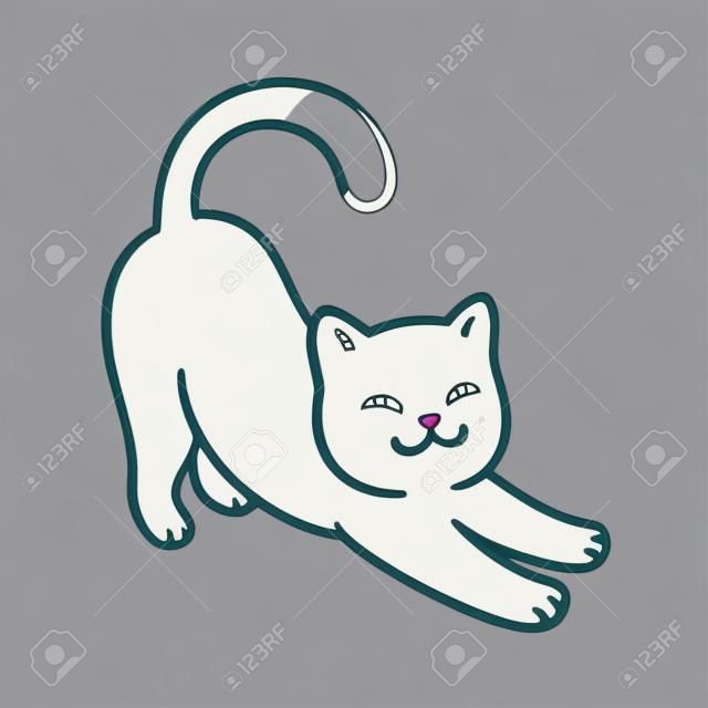 Cartoon cat stretching. Cute simple white cat drawing, vector line art illustration.