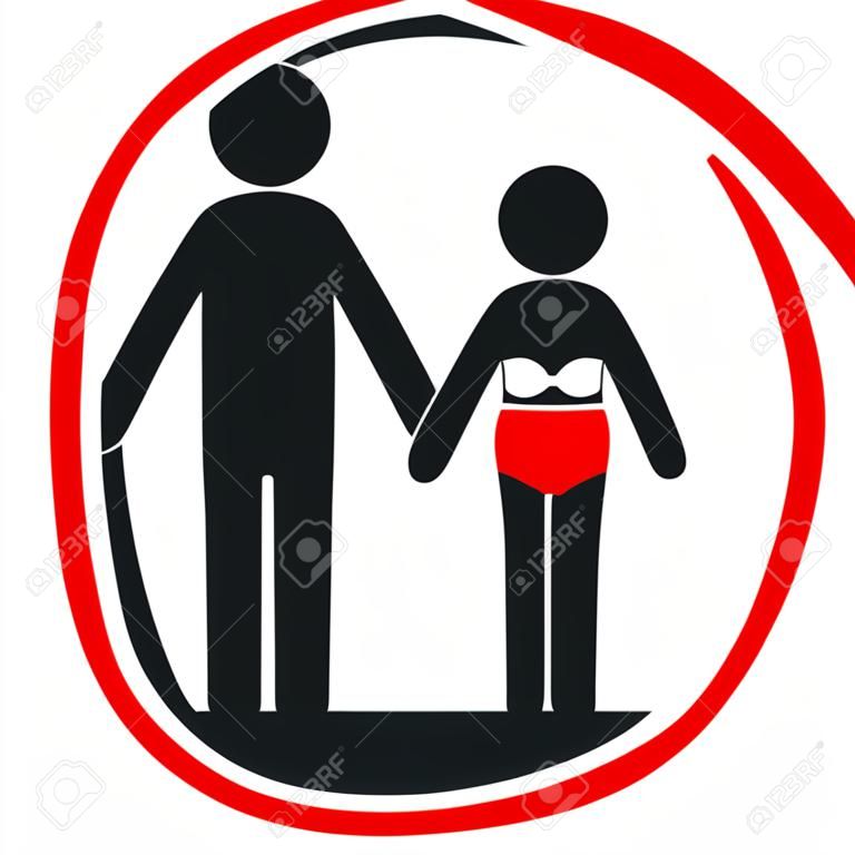 Entry in swimsuit forbidden information sign. Male and female figure in bathing suit in crossed circle. Warning symbol illustration.