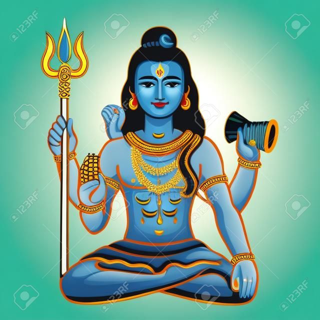 Lord Shiva sitting in lotus pose with traditional snake, trident and drum. Happy Maha Shivaratri vector illustration.