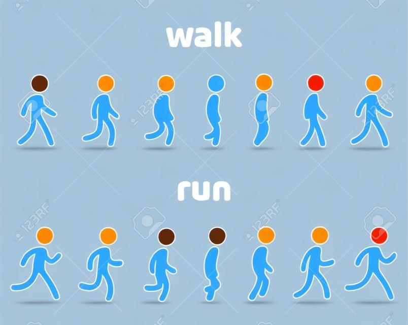 Simple stick figure walk and run cycle animation, 6 frame loop. Character sprite sheet vector illustration set.