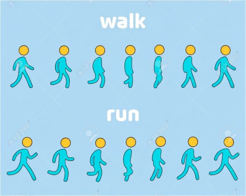 Einfache Strichmännchen-Walk-and-Run-Zyklus-Animation, 6-Frame-Schleife. Charakter-Sprite-Blatt-Vektor-Illustration-Set.