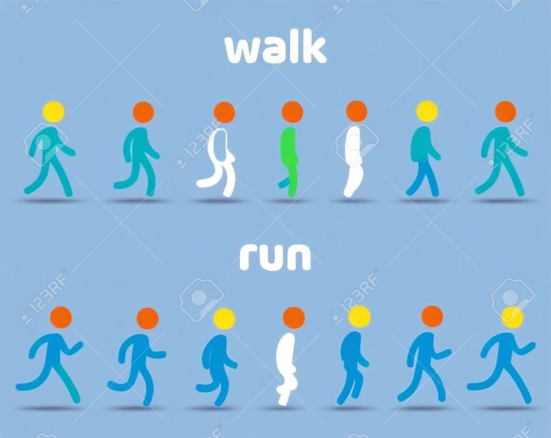 간단한 스틱 그림 걷기 및 달리기 주기 애니메이션, 6 프레임 루프. 문자 스프라이트 시트 벡터 일러스트 레이 션을 설정합니다.
