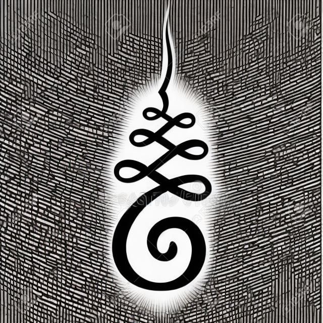 Symbol Unalome, hinduski lub buddyjski znak reprezentujący ścieżkę do oświecenia. Prosty czarno-biały rysunek tuszem, ilustracja na białym tle wektor.