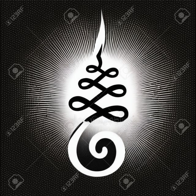 Unalome symbool, Hindoe of Boeddhist teken vertegenwoordigen pad naar verlichting. Eenvoudige zwart-witte inkt tekening, geïsoleerde vector illustratie.