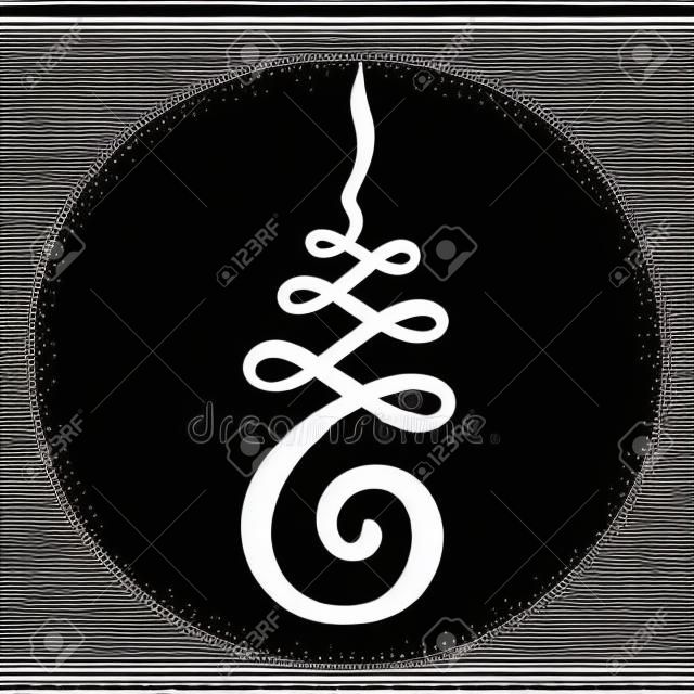 Unalome symbool, Hindoe of Boeddhist teken vertegenwoordigen pad naar verlichting. Eenvoudige zwart-witte inkt tekening, geïsoleerde vector illustratie.