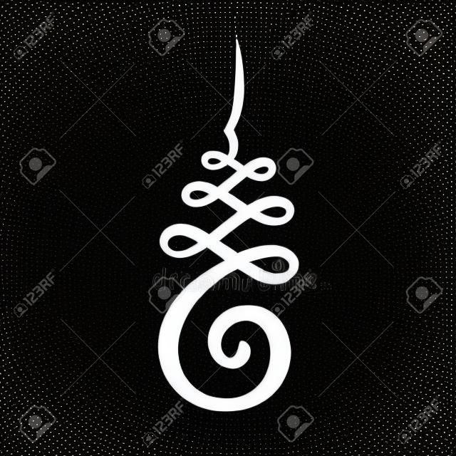 Unalome symbol, Hindu or Buddhist sign representing path to enlightenment. Simple black and white ink drawing, isolated vector illustration.