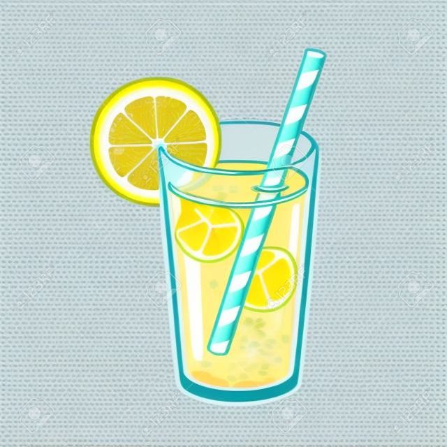 Glas limonade met ijsblokjes, citroenwig en papieren stro. Helder cartoon stijl vector illustratie.