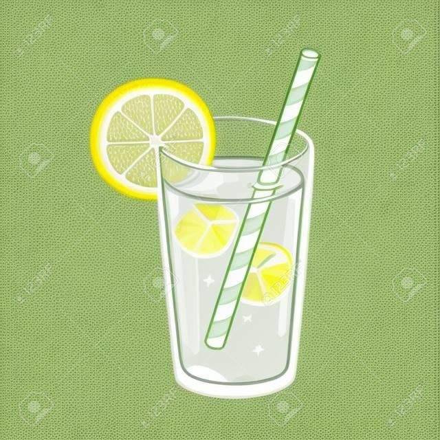 Glass of lemonade with ice cubes, lemon wedge and paper straw. Bright cartoon style vector illustration.