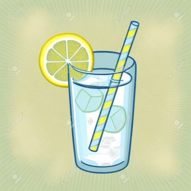 Vaso de limonada con cubitos de hielo, gajo de limón y pajita de papel. Ilustración de vector de estilo de dibujos animados brillante.