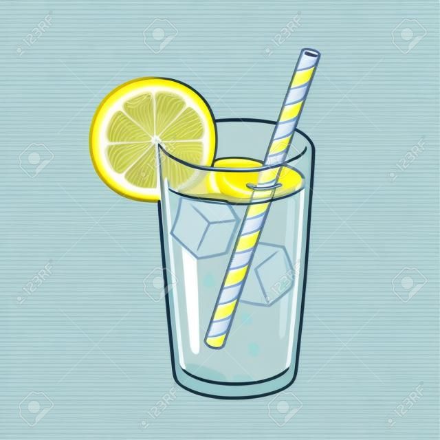 Bicchiere di limonata con cubetti di ghiaccio, spicchio di limone e cannuccia di carta. Illustrazione di vettore di stile brillante del fumetto.