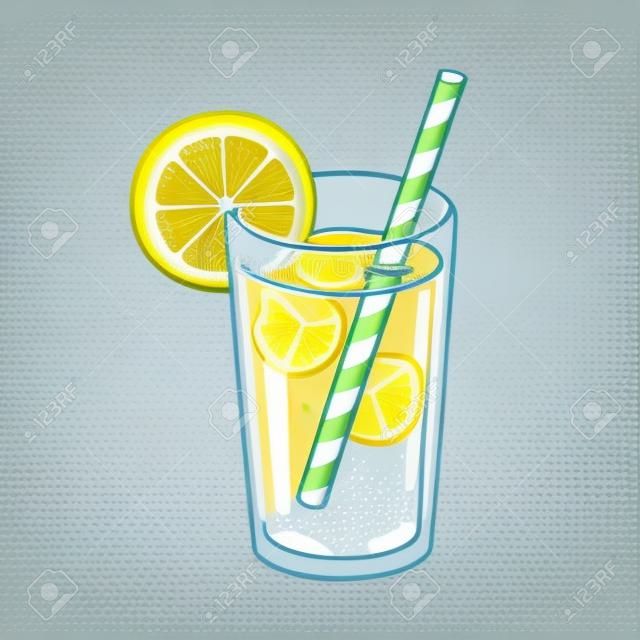 Glass of lemonade with ice cubes, lemon wedge and paper straw. Bright cartoon style vector illustration.