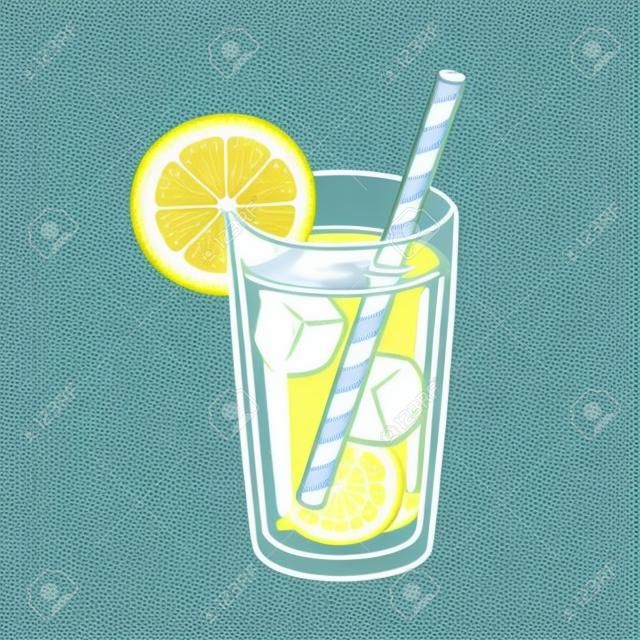 Vaso de limonada con cubitos de hielo, gajo de limón y pajita de papel. Ilustración de vector de estilo de dibujos animados brillante.