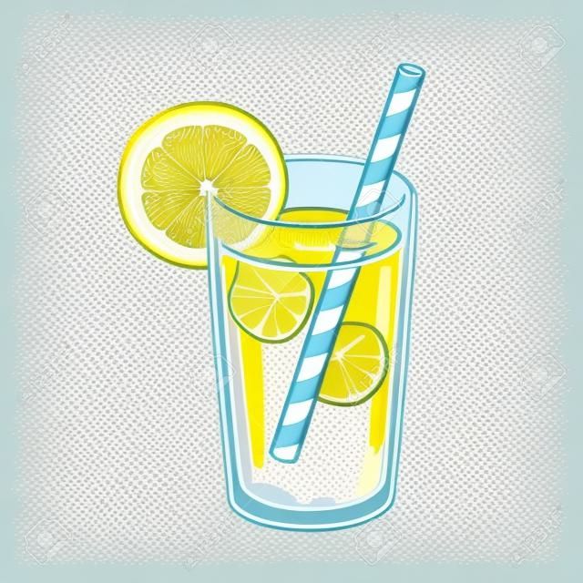 Glas Limonade mit Eiswürfeln, Zitronenscheibe und Papierstroh. Helle Cartoon-Stil-Vektor-Illustration.