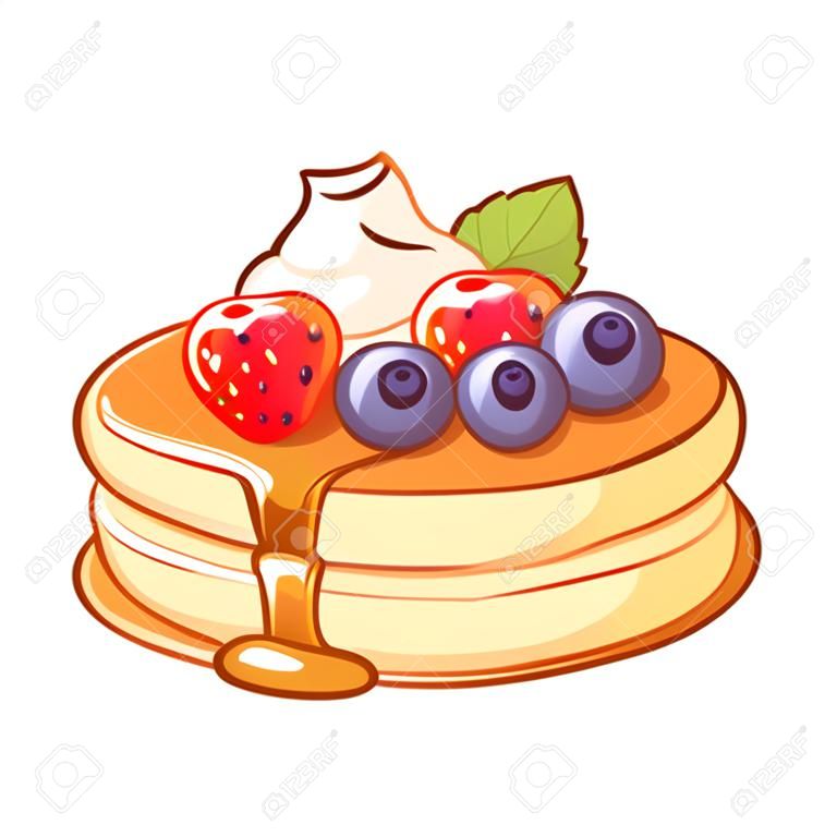 Thick and fluffy Japanese pancakes with syrup, whipped cream and fruit. Traditional breakfast food vector illustration.