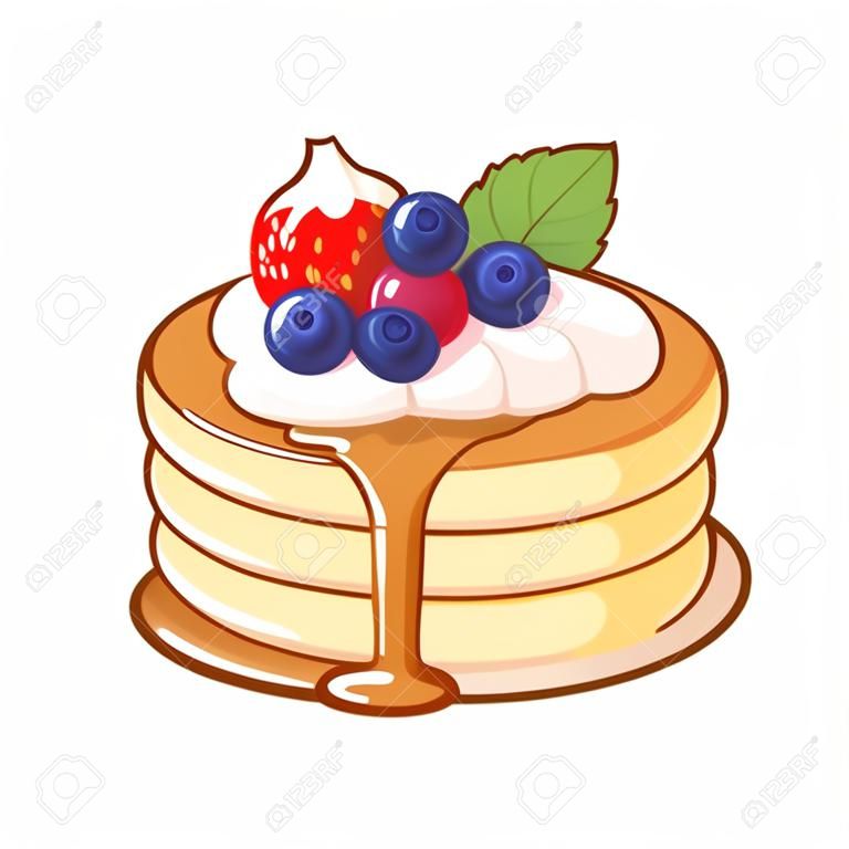 Thick and fluffy Japanese pancakes with syrup, whipped cream and fruit. Traditional breakfast food vector illustration.