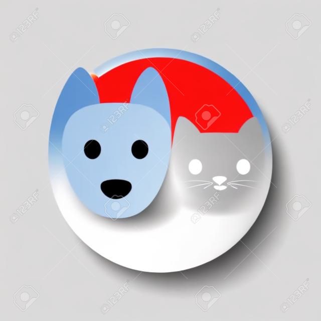 Kat en hond yin yang symbool. Eenvoudige, minimale cartoon witte hond en zwarte kat gezicht. Geïsoleerde vector illustratie.