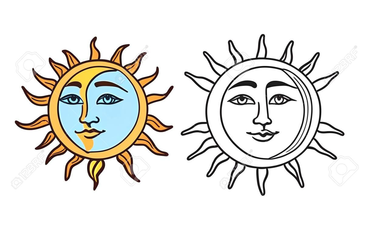 Estilizado meio sol meia lua rosto, desenho preto e branco e versão de cor. Símbolo de tatuagem boho vintage, ilustração vetorial clip art.