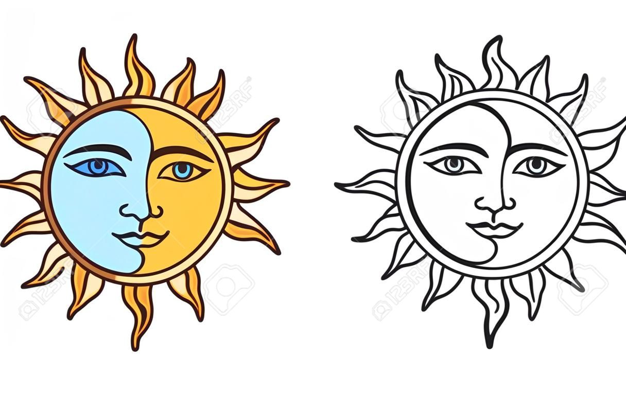 Gestileerde halve zon halve maan gezicht, zwart-wit tekening en kleurversie. Vintage boho tattoo symbool, vector clip kunst illustratie.