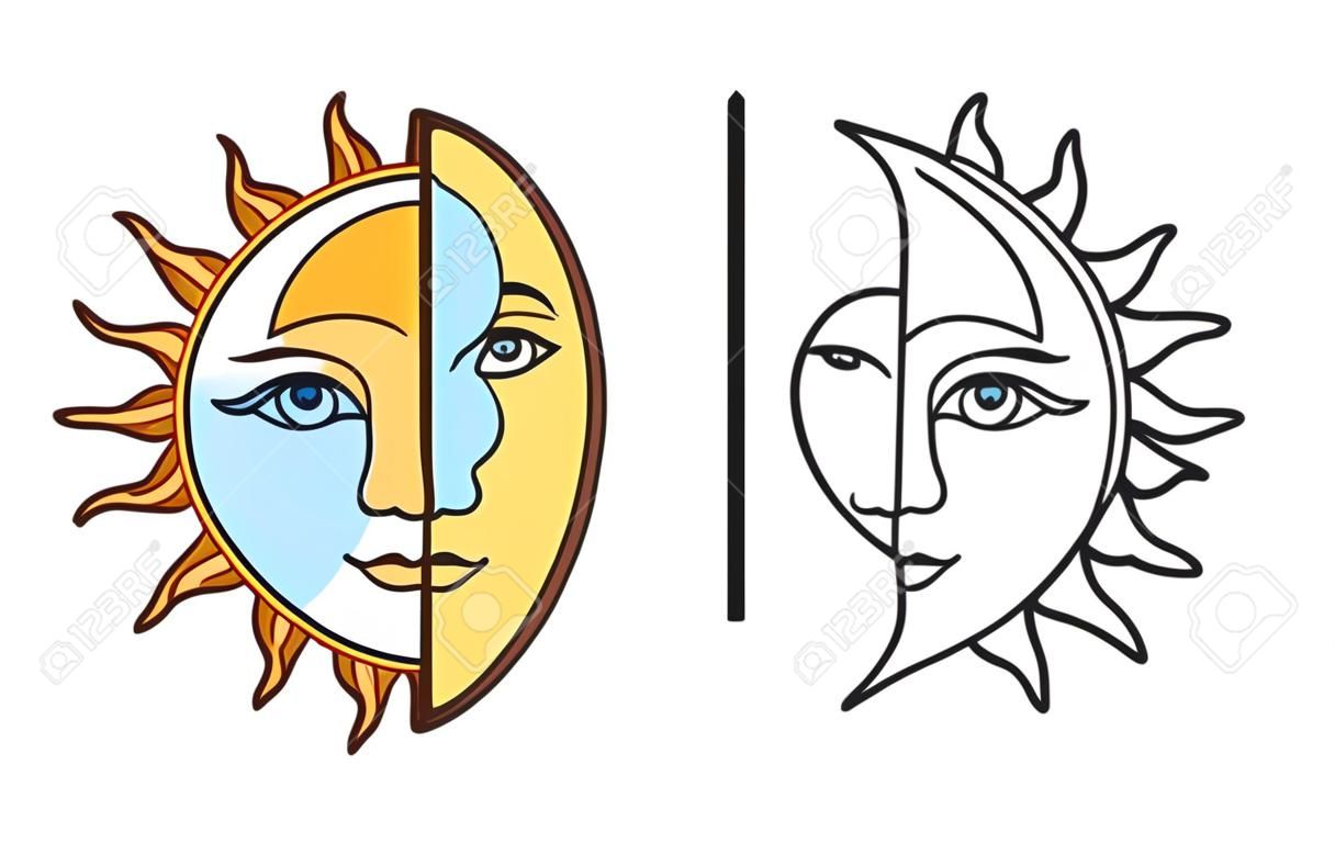 Cara estilizada de medio sol y media luna, dibujo en blanco y negro y versión en color. Símbolo de tatuaje boho vintage, ilustración de arte de clip vectorial.