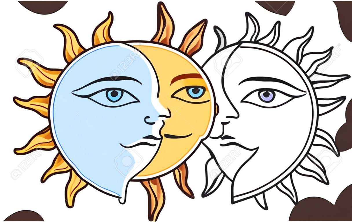 Estilizado meio sol meia lua rosto, desenho preto e branco e versão de cor. Símbolo de tatuagem boho vintage, ilustração vetorial clip art.