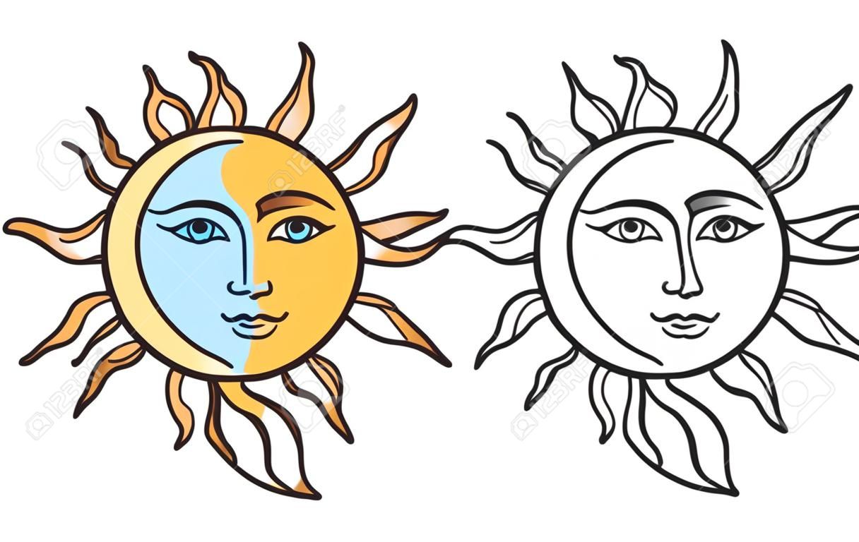 Visage stylisé demi-soleil demi-lune, dessin noir et blanc et version couleur. Symbole de tatouage boho vintage, illustration vectorielle clip art.