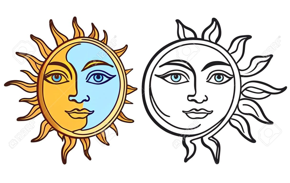 Stylized half sun half moon face, black and white drawing and color version. Vintage boho tattoo symbol, vector clip art illustration.