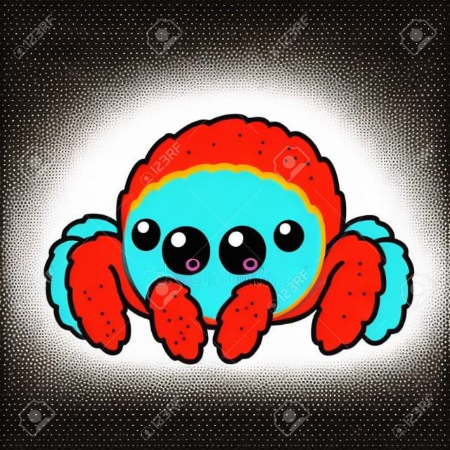 큰 빛나는 눈을 가진 귀여운 만화 솜털 거미입니다. 귀여운 거미 캐릭터 그리기, 고립 된 벡터 일러스트 레이 션.