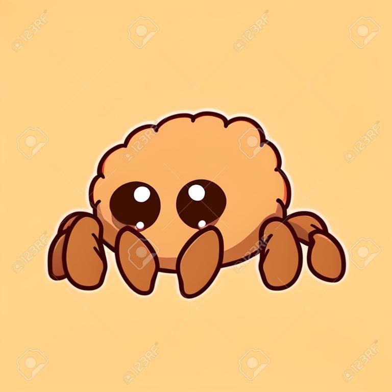 큰 빛나는 눈을 가진 귀여운 만화 솜털 거미입니다. 귀여운 거미 캐릭터 그리기, 고립 된 벡터 일러스트 레이 션.