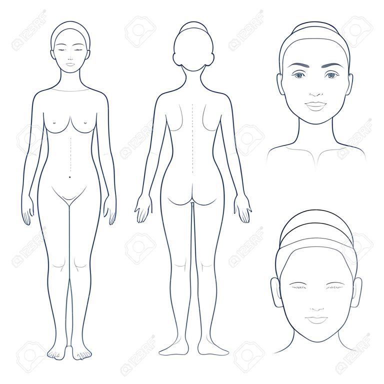 여성의 몸과 얼굴 차트, 머리가 있는 전면 및 후면 보기가 닫힙니다. 의료 infographic에 대 한 빈 여자 몸 템플릿입니다. 격리 된 벡터 일러스트 레이 션.