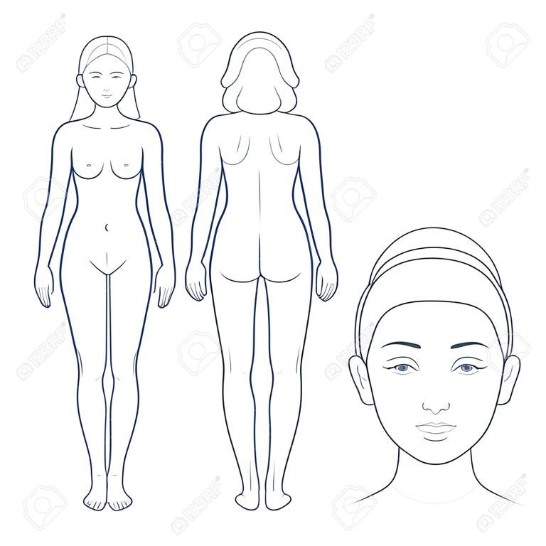 Wykres kobiecego ciała i twarzy, widok z przodu i tyłu z głową z bliska. Pusty szablon ciała kobiety dla medycznych plansza. Ilustracja na białym tle wektor.