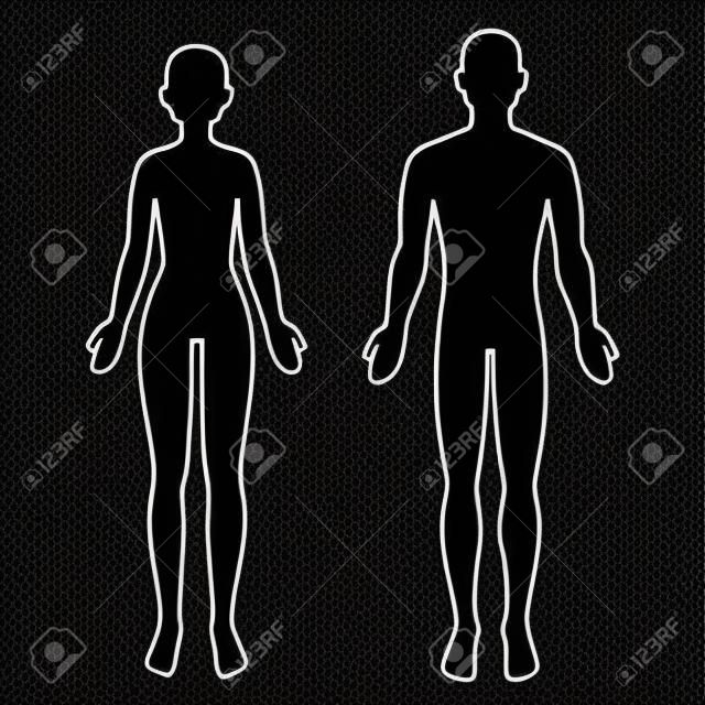 남성과 여성의 몸 실루엣 개요입니다. 의료 인포 그래픽에 대 한 빈 해부학 템플릿입니다. 격리 된 벡터 클립 아트 그림입니다.