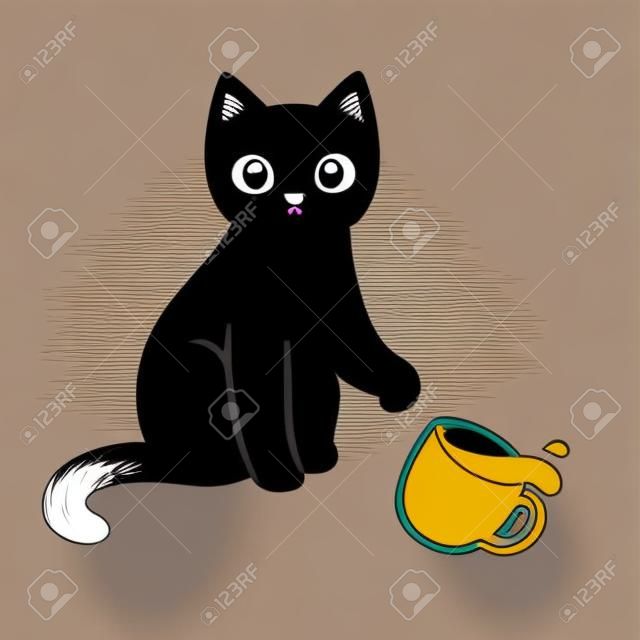 Cute black kitten throwing coffee cup off table. Funny cat breaking things comic illustration, cartoon vector drawing.