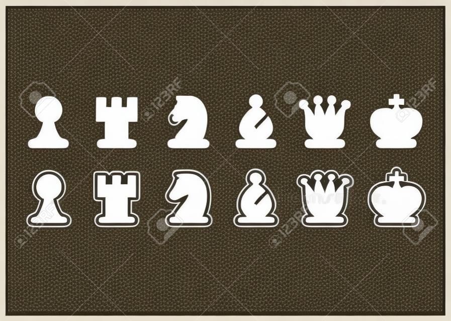 Jeu d'icônes de pièces d'échecs, figures d'échecs en noir et blanc. Symboles stylisés simples, illustration vectorielle isolée.