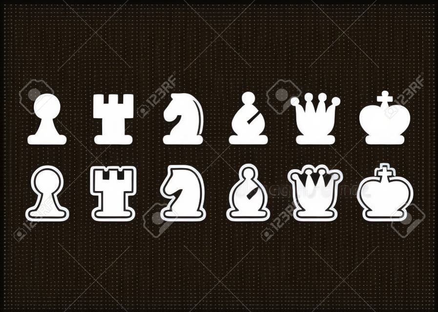 チェスピースアイコンセット、黒と白のチェスフィギュア。シンプルな様式化されたシンボル、分離ベクトルのイラストレーション。