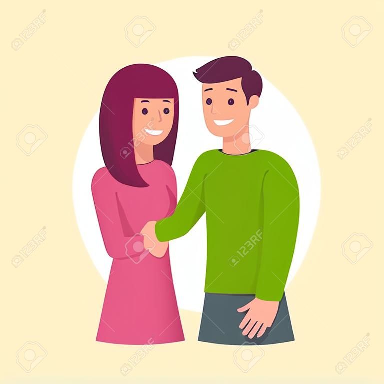 Young man and woman shaking hands. Social meeting and communication. Simple flat cartoon style vector clip art illustration.