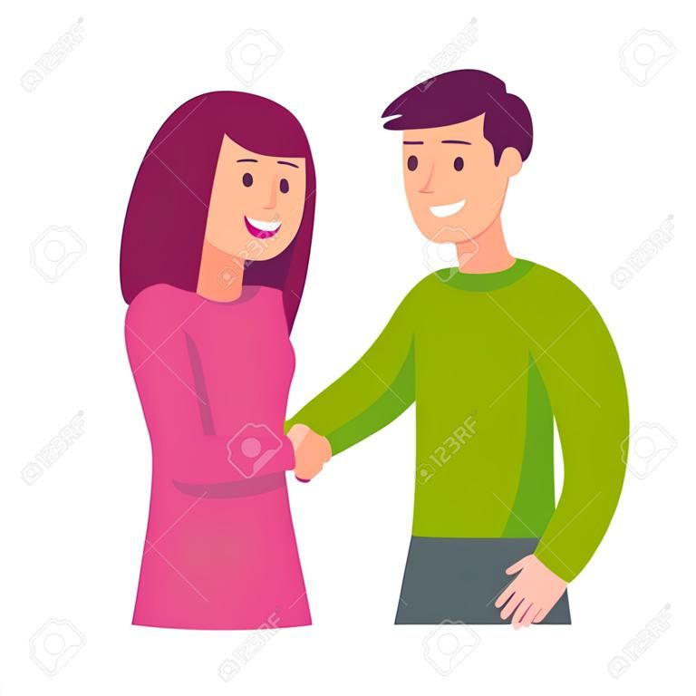 Jeune homme et femme se serrant la main. Rencontre sociale et communication. Illustration d'art de clip de vecteur de style dessin animé plat simple.