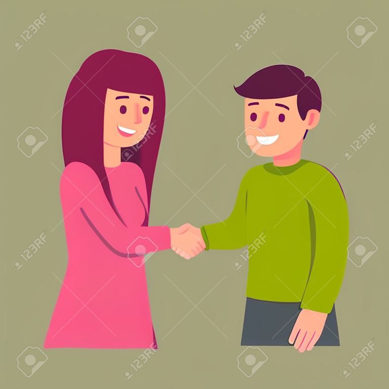 Junger Mann und Frau, die Hände rütteln. Gesellschaftliches Treffen und Kommunikation. Einfache flache Cartoon-Stil-Vektor-Clip-Art-Illustration.