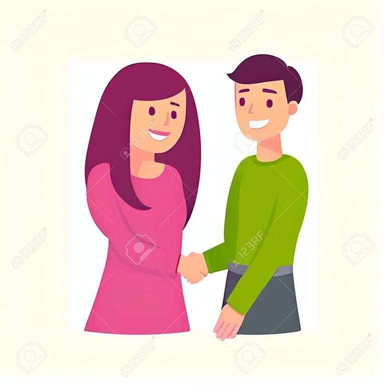 Jonge man en vrouw schudden handen. Sociale vergadering en communicatie. Eenvoudige platte cartoon stijl vector clip kunst illustratie.