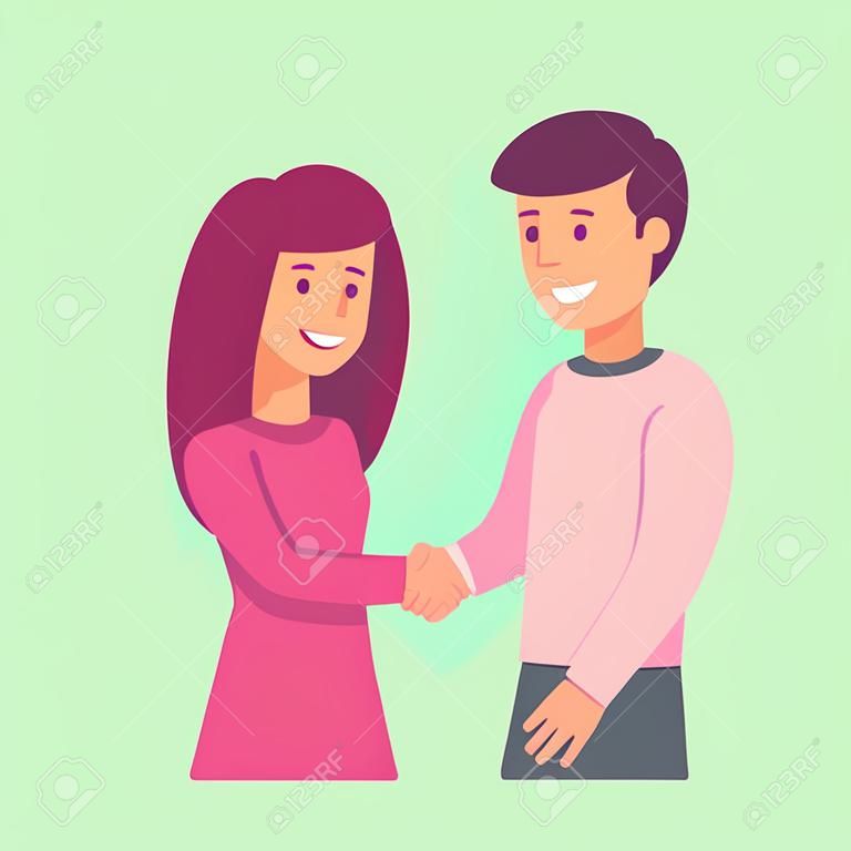 Jeune homme et femme se serrant la main. Rencontre sociale et communication. Illustration d'art de clip de vecteur de style dessin animé plat simple.