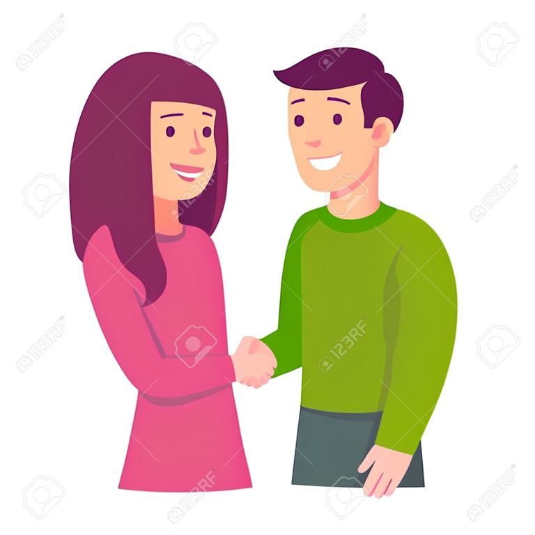 Young man and woman shaking hands. Social meeting and communication. Simple flat cartoon style vector clip art illustration.