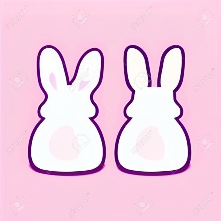 Coelhos brancos bonitos dos desenhos animados que sentam-se da vista traseira, desenho simples. Kawaii bunny butts vector clip art ilustração.